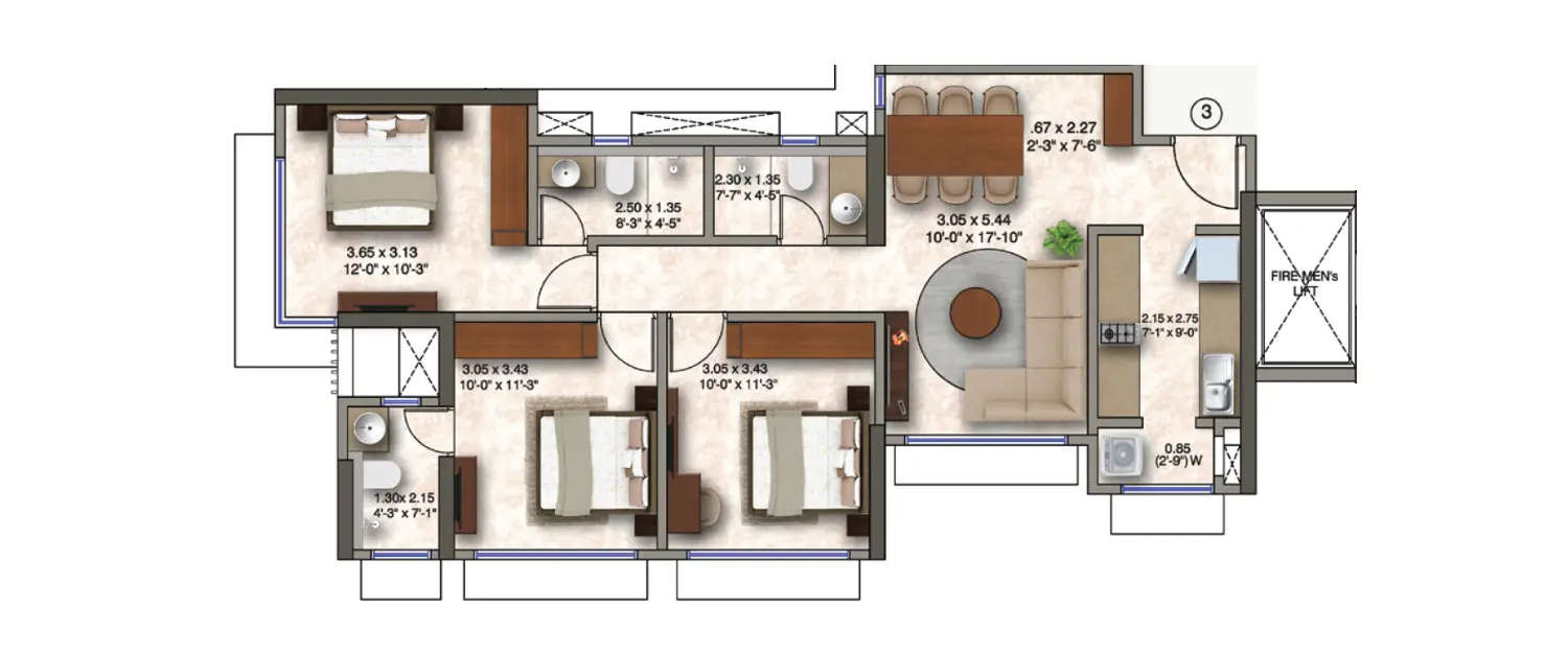 Floor plan for 3 BHK