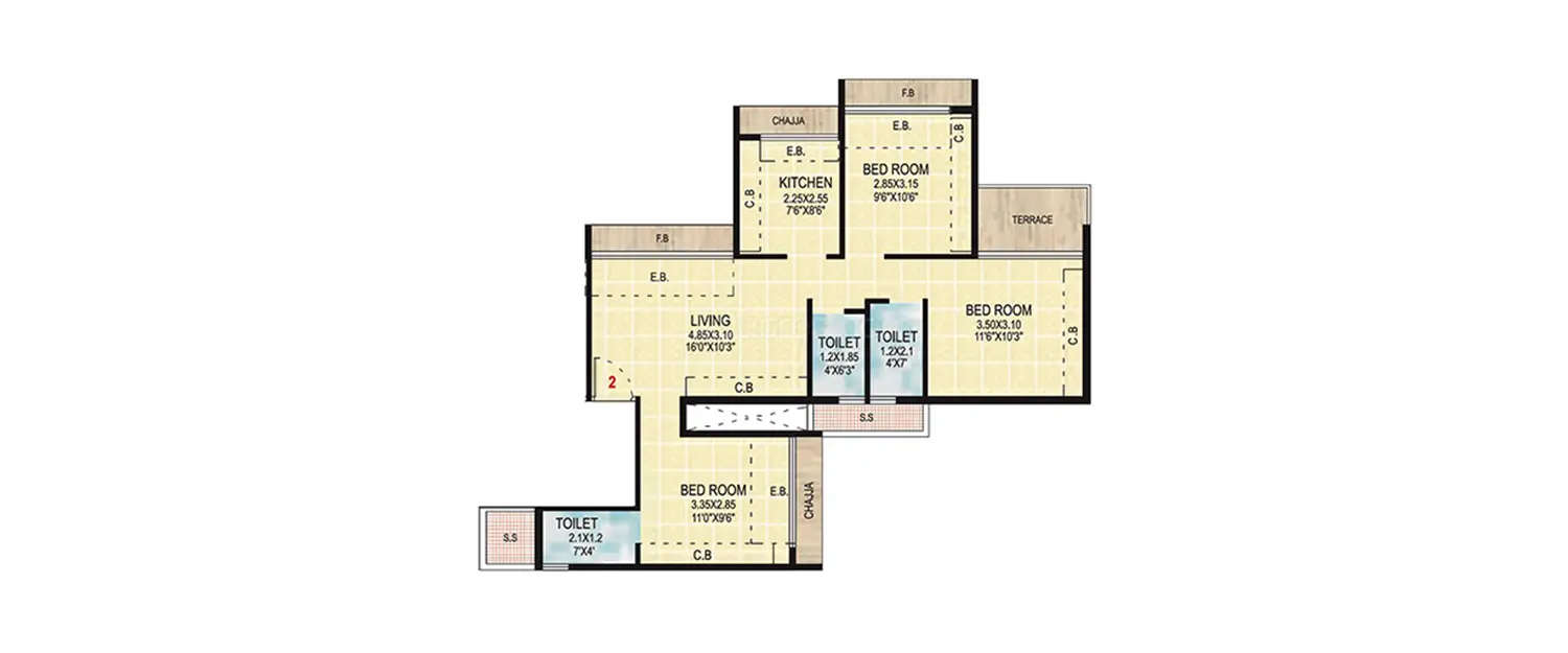 Floor plan for 3 BHK