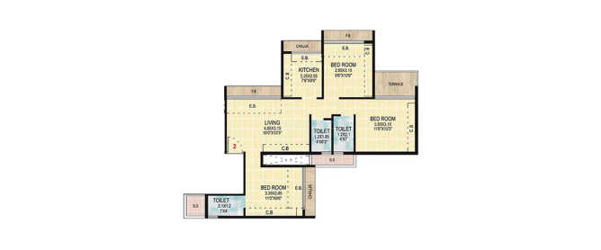 Gami Asters Ghansoli - Floor plan 3 BHK 529 Sq.ft