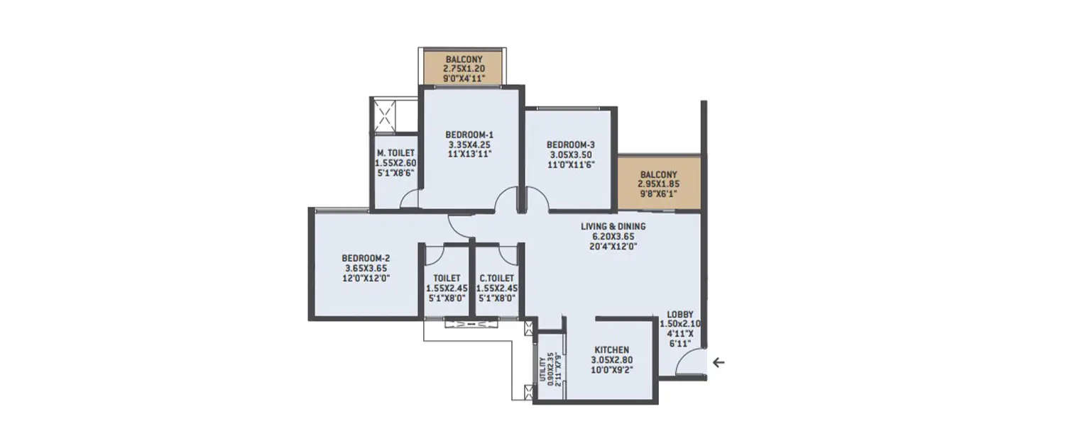 Floor plan for 3 BHK
