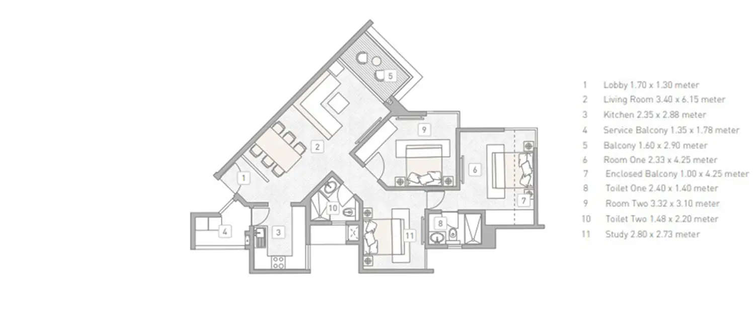 Floor plan for 3 BHK