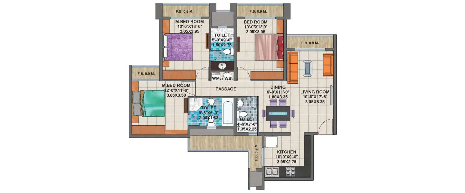 Floor plan for 3 BHK