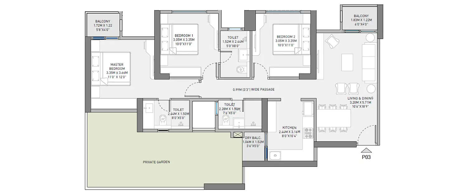 Floor plan for 3 BHK
