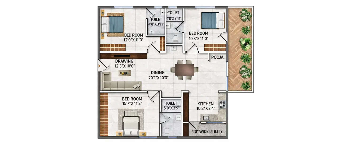 Floor plan for 3 BHK