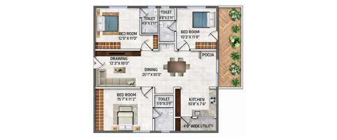Primark Inspira Miyapur - Floor plan 3 BHK 1030 Sq.ft