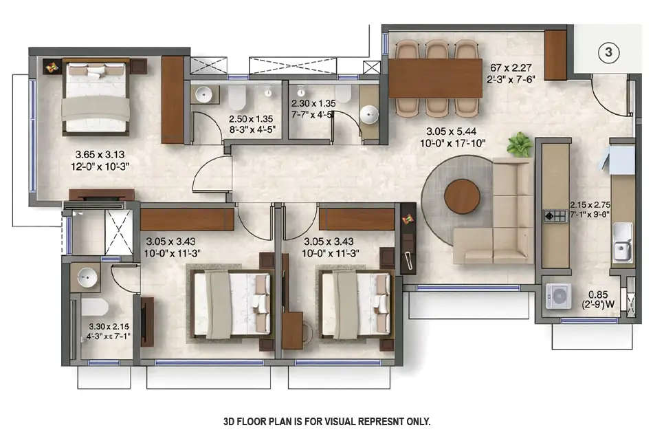 Floor plan for 3 BHK