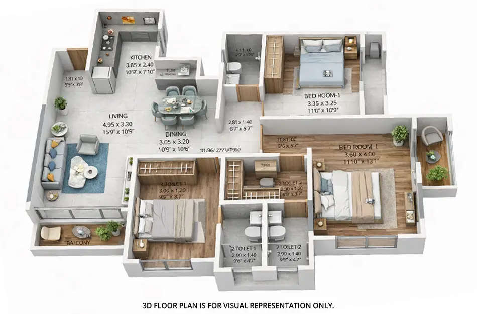 Floor plan for 3 BHK
