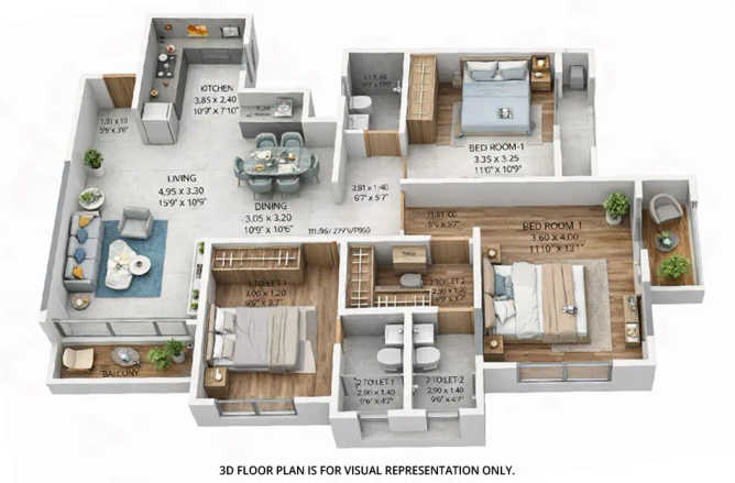 Dosti West County Balkum - Floor plan 3 BHK 1115 Sq.ft