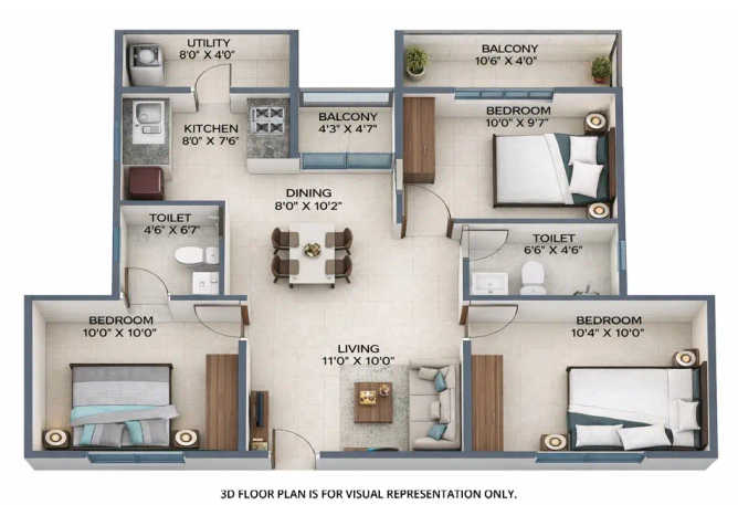 Runwal One Ghodbunder Road - Floor plan 3 BHK 1140 Sq.ft