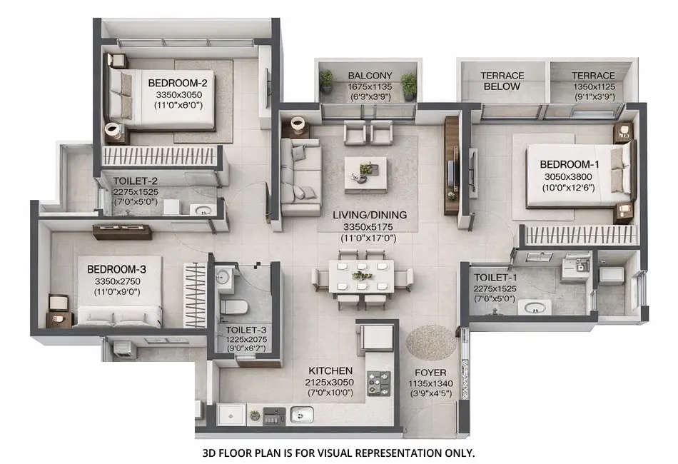 Floor plan for 3 BHK