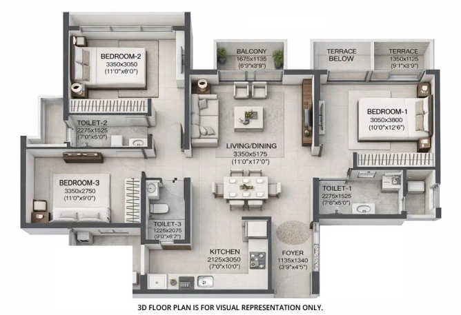 Rustomjee Uptown Urbania Majiwada - Floor plan 3 BHK 878 Sq.ft