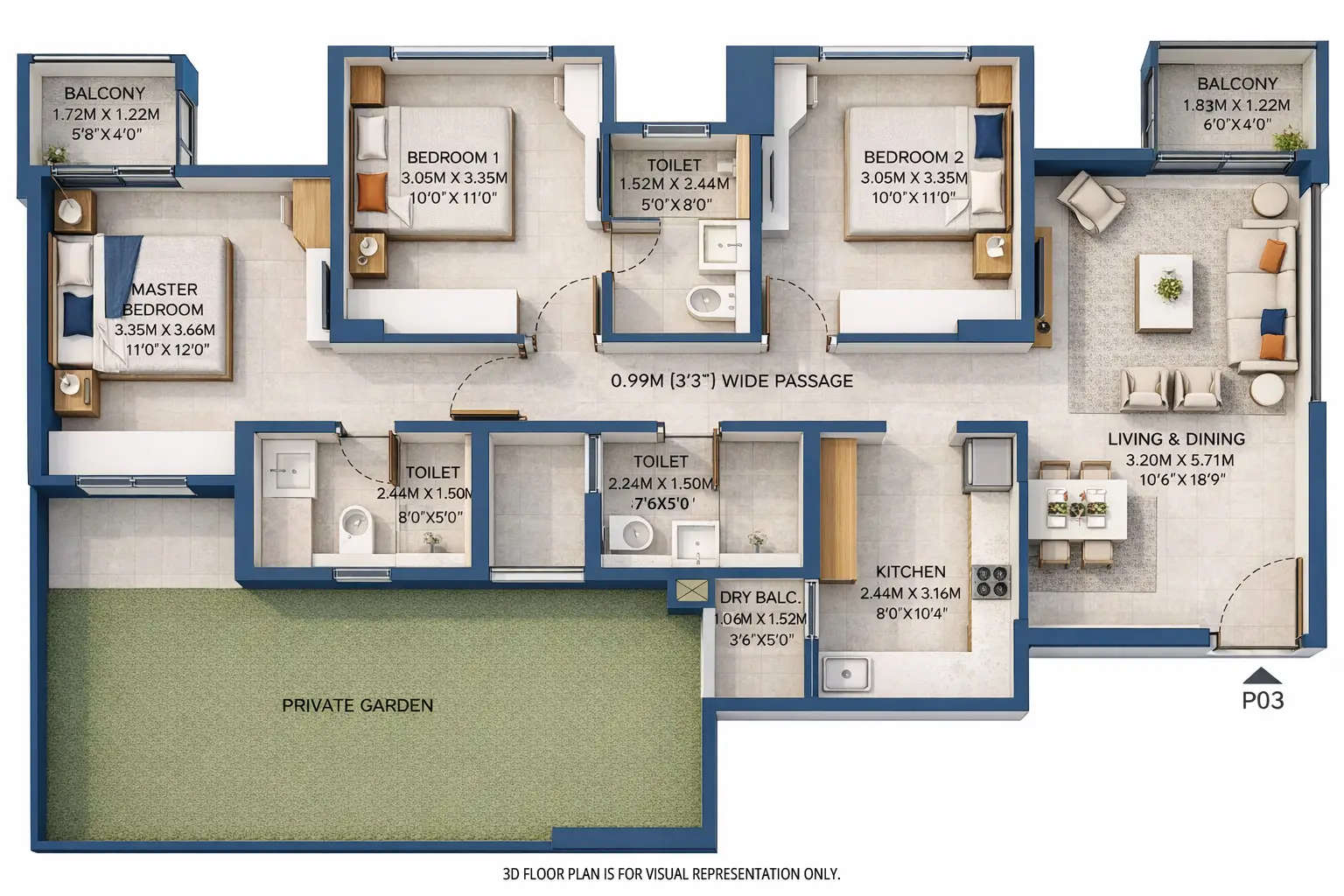 Floor plan for 3 BHK