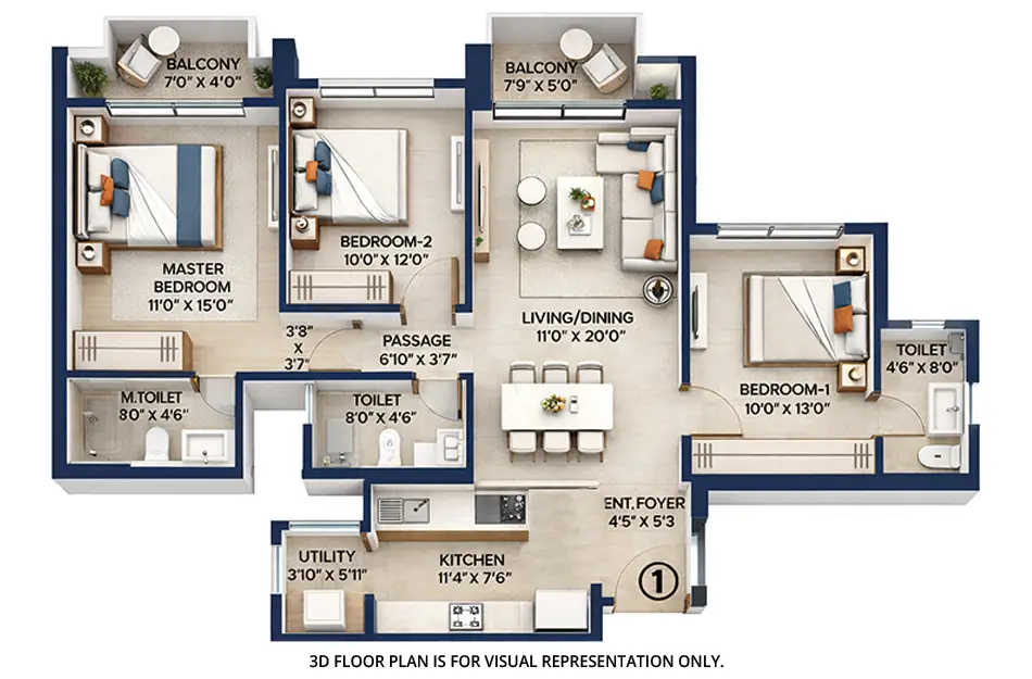Hiranandani Fortune City Panvel - Floor plan 3 BHK 1028 Sq.ft
