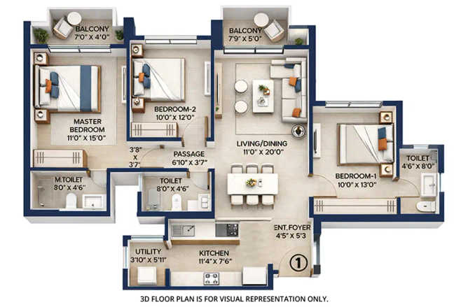 Hiranandani Fortune City Panvel - Floor plan 3 BHK 1028 Sq.ft