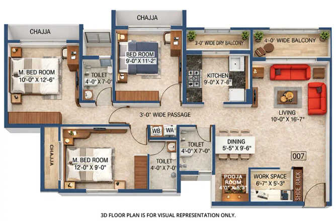Arihant Aspire Panvel - Floor plan 3 BHK 1000 Sq.ft