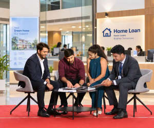 Couple receiving home loan assistance from bank advisors