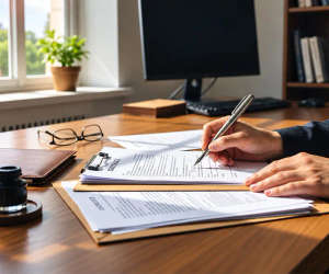 Signing property documentation on a desk