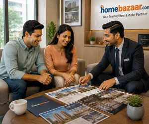 Expert Guidance Property expert guiding a couple through project brochures