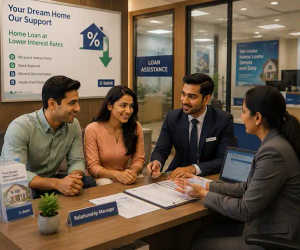 Loan Assistance Couple receiving home loan assistance from bank advisors