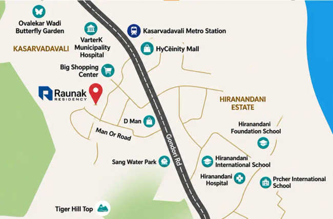 Raunak 108 Ghodbunder Road - Location Map