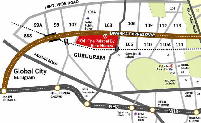 The Palatial by Hero Homes Sector 104 - Location Map