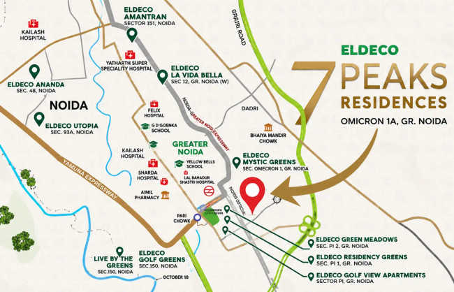 Eldeco 7 Peaks Residences Sector Omicron 1 A - Location Map