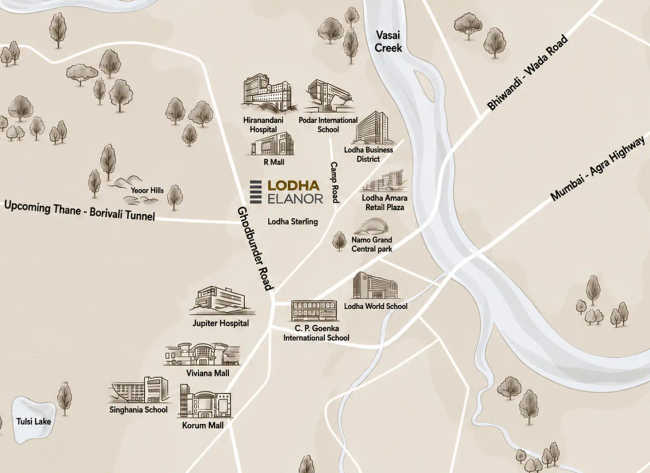 Lodha Elanor Kolshet Road - Location Map