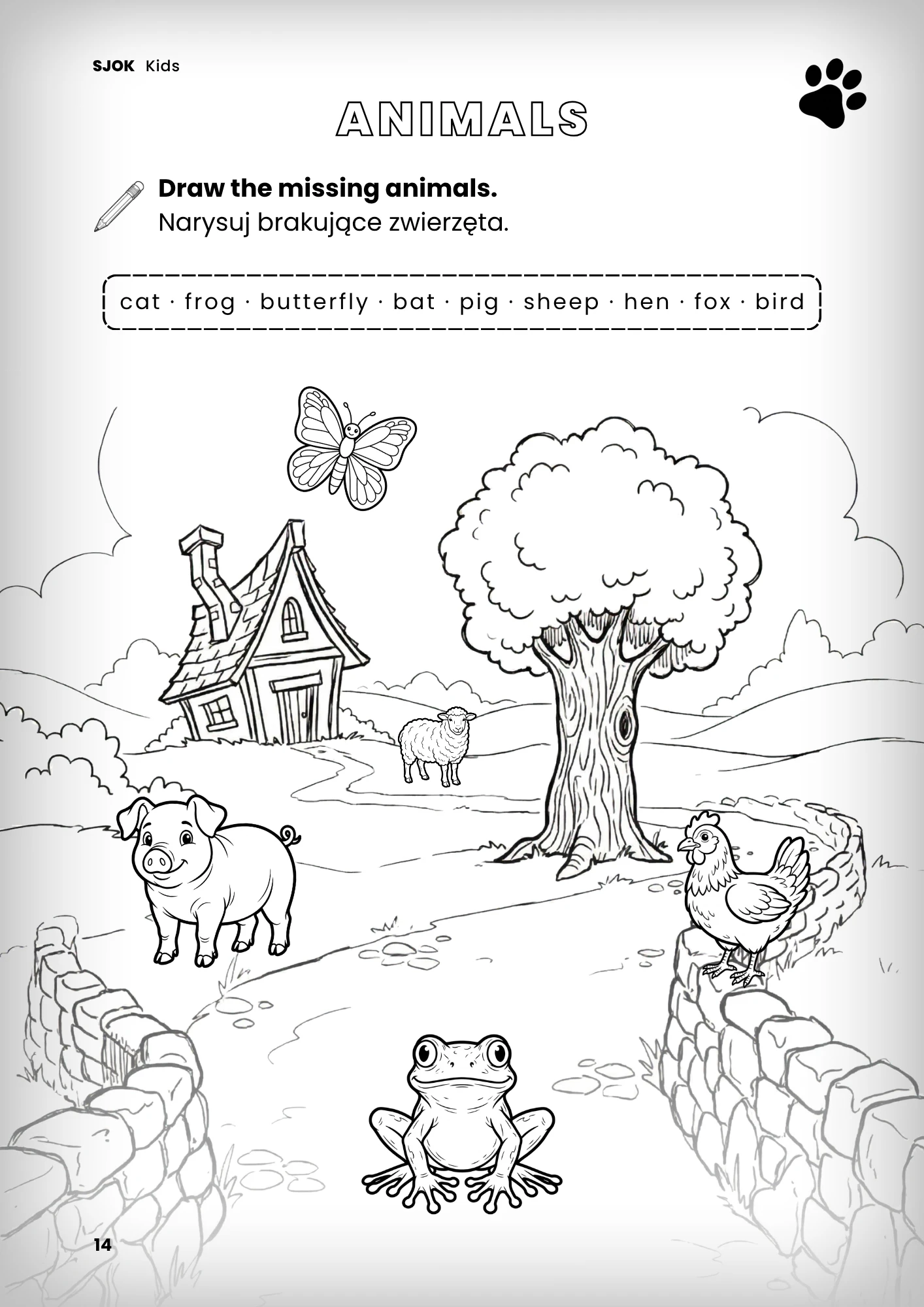 Zadanie z rysowaniem brakujących zwierząt w Activity Book for Kids