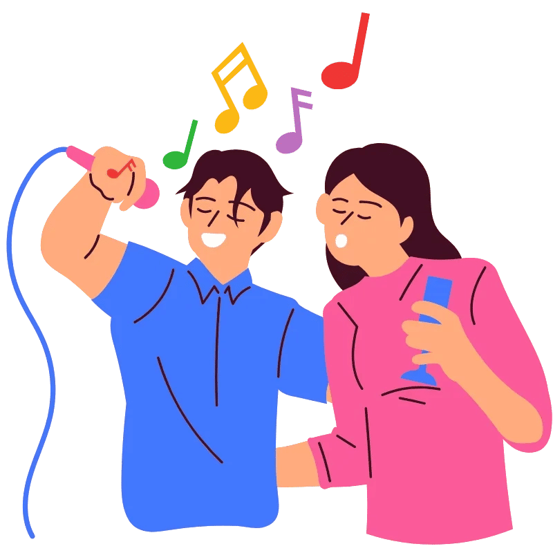 Illustration of two people singing in a noraebang, by Sketching Korea