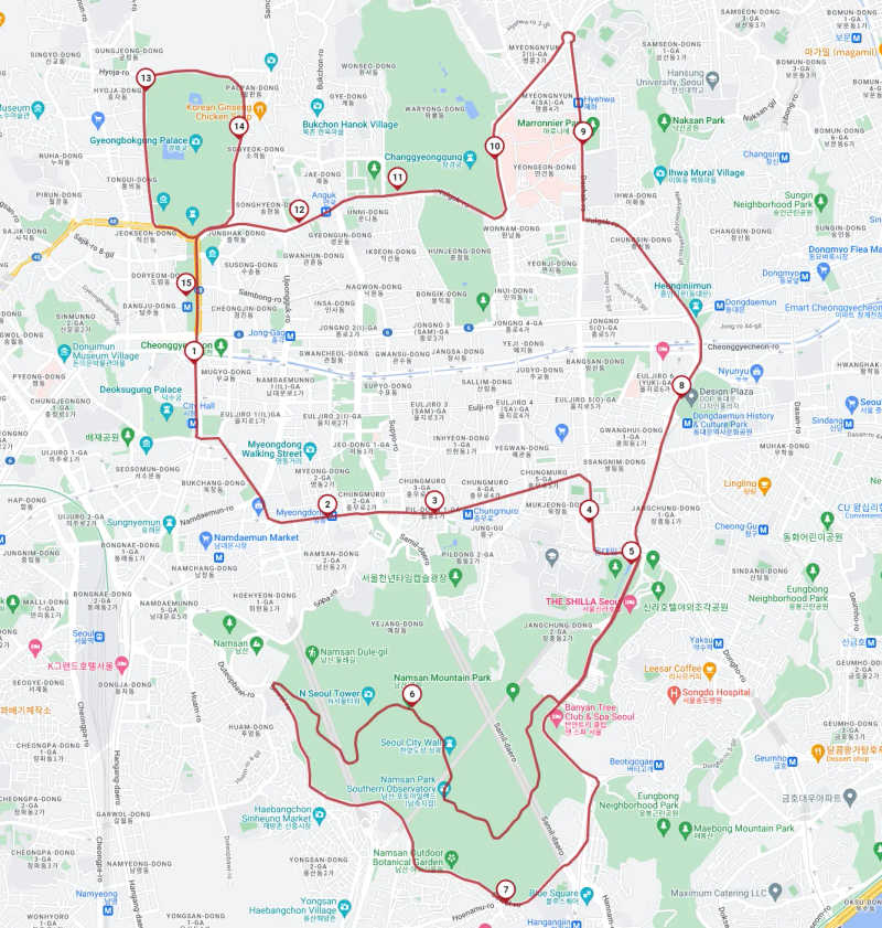 Seoul City Tour Bus Downtown Palace Namsan Course map.