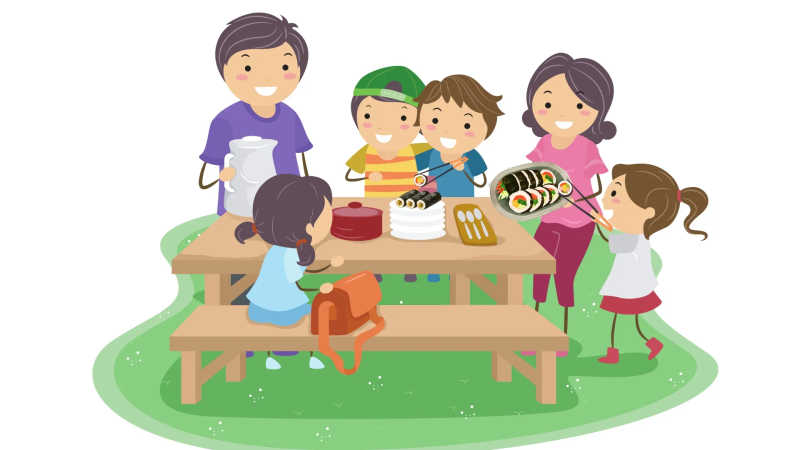 An illustration of eating kimbap at a picnic