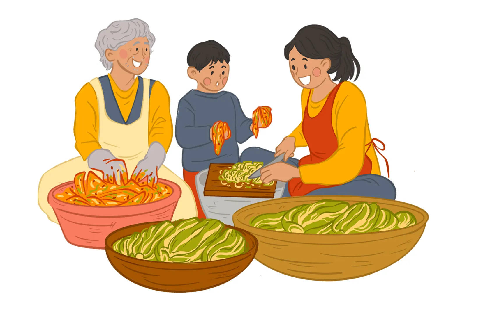 An illustration of a family gathering to make kimchi