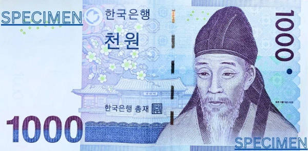 The front side of the South Korean 1,000 won banknote.