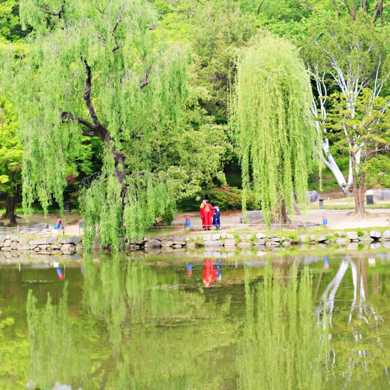 A king walking near the pond at Changgyeonggung Palace