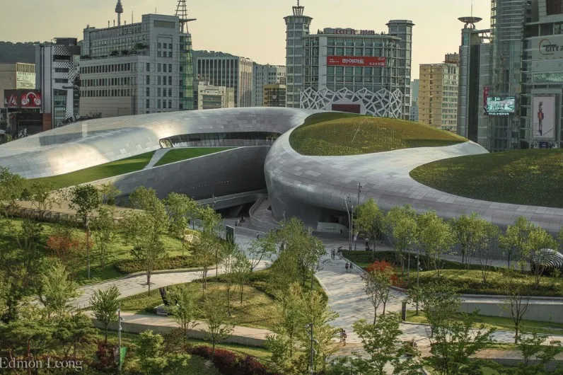 The exterior of Dongdaemun Design Plaza, designed by the world-renowned architect Javier Herrero