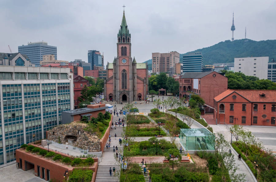 Aerial shot of Myeongdong Cathedral in Seoul