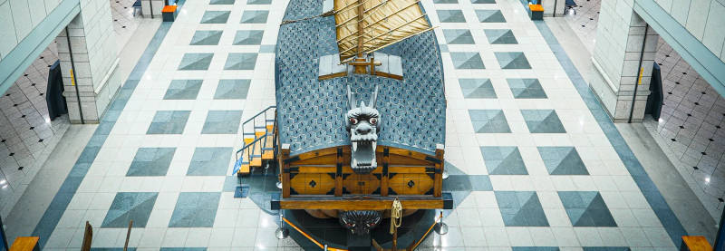 Aerial shot of the turtle ship model.