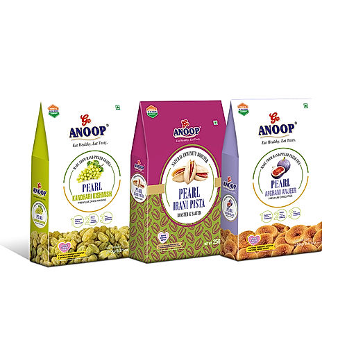 ANOOP DRY FRUIT COMBO PACK OF KANDHARI KISHMISH, DRIED FIGS (ANJEER) AND IRANI PISTACHIOS (250G EACH)