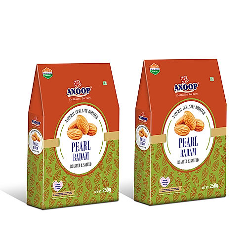 ANOOP PEARL ALMONDS (BADAM) ROASTED AND SALTED - 250G (PACK OF 2)