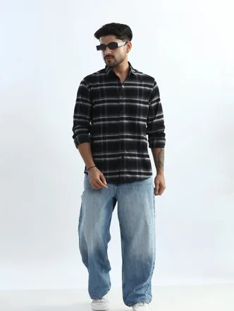 XKIND BLACK FINE CORD CHECKS REGULAR FIT SHIRT