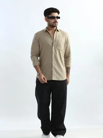 XKIND MEN'S BEIGE TEXTURED SLIM FIT SHIRT