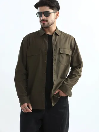 OLIVE GREEN TEXTURED REGULAR FIT SHIRT