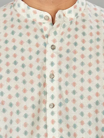 Artisanal Block Print Square Design Linen Blend Natural Kurta, Beige Green Orange, Regular Fit