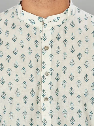 Artisanal Block Print Trident Design Linen Blend Natural Kurta, Beige Green, Regular Fit