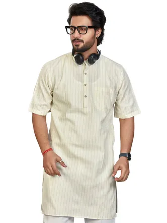 Classic Vertical Striped Cotton Rich Modi Kurta, Half Sleeves, Beige Brown, Regular Fit