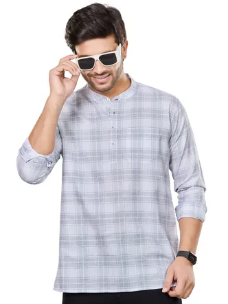 Premium Cotton Linen weave Checkered Premium Short Kurta, Grey White, Regular Fit