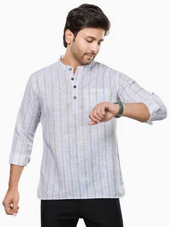 Premium Cotton Linen weave Vertical Striped Short Kurta, White Green Grey, Regular Fit