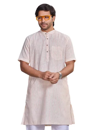 Premium Linen Blend Classic Striped Modi Kurta, Half sleeve, Yellow Red, Regular Fit