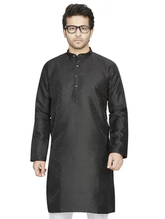 Premium Partywear Kalash Jacquard Silk Kurta, Black, Regular Fit