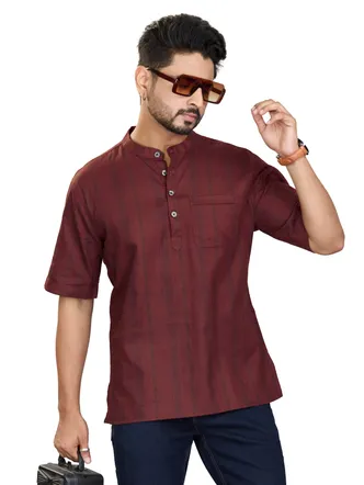 Pure Cotton Corduroy Checkered Premium Short Kurta, Half Sleeves, Maroon, Regular Fit
